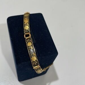 Vintage Damascene Bird and Flower Panel Link Bracelet—Beautiful!  Excellent Con.